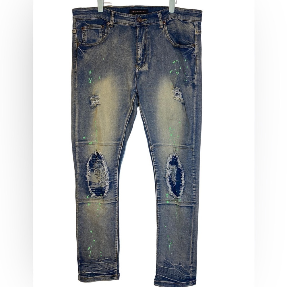 M. Society Politically Incorrect Men’s distressed paint splatter Jeans Size 38
